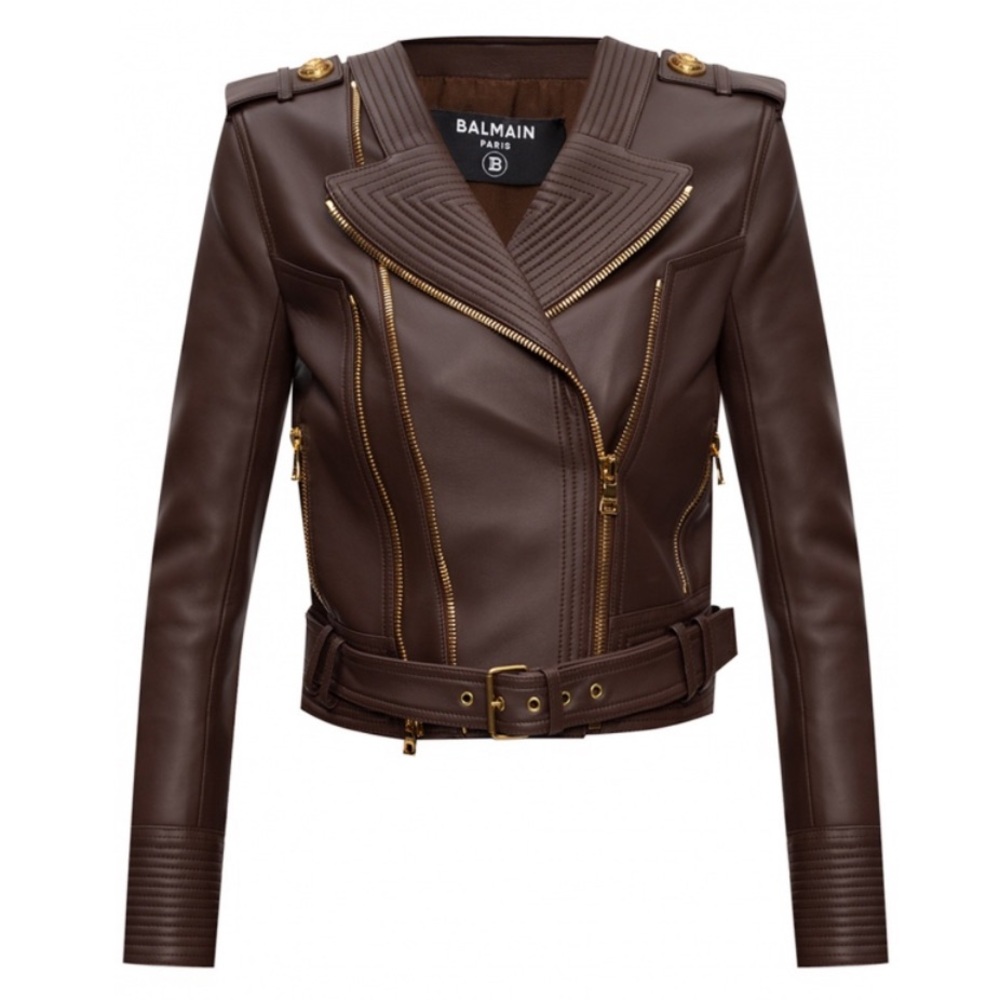 NWT Balmain Leather Biker Jacket Brown 42